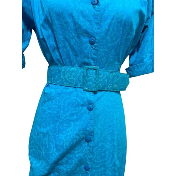 Vintage Teal Cotton Belted Shirt Dress Oop! California - Picture 3 of 7